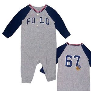 Ralph Lauren Polo Logo Embroidered Bear Baseball Long Sleeve Cotton Onesie Sz 9M